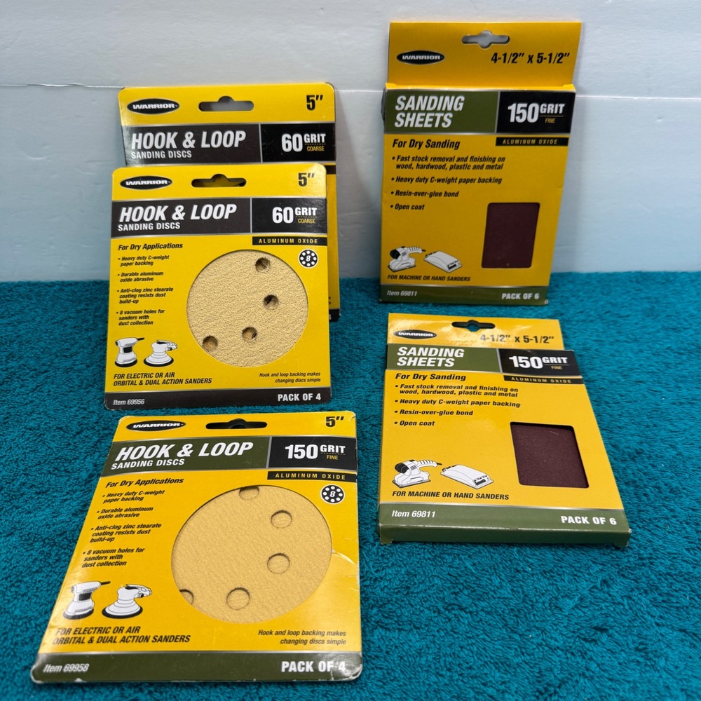 Warrior Sandpaper Lot 5in Hook & Loop Discs 60 150 Grit & 4.5x5.5 Sanding Sheets